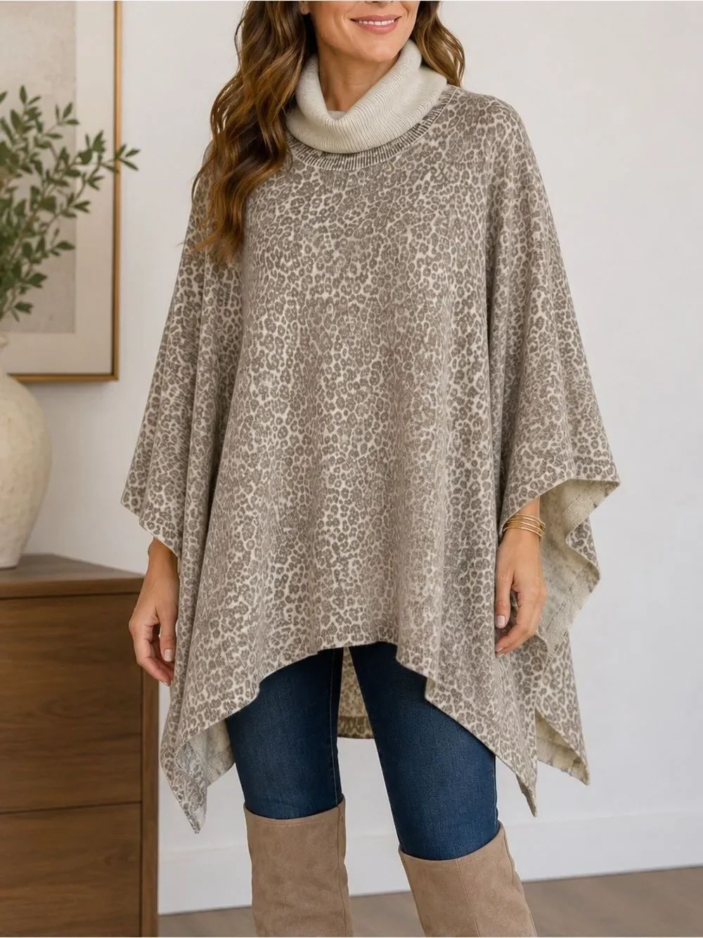 J. McLaughlin 100% Cashmere Leopard Print Turtleneck Poncho Cape OS